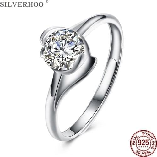 SILVERHOO Womens Ring 925 Sterling Silver Simple Geometry Round Cubic Zirconia Adjustable Rings Female Trendy Party Jewelry