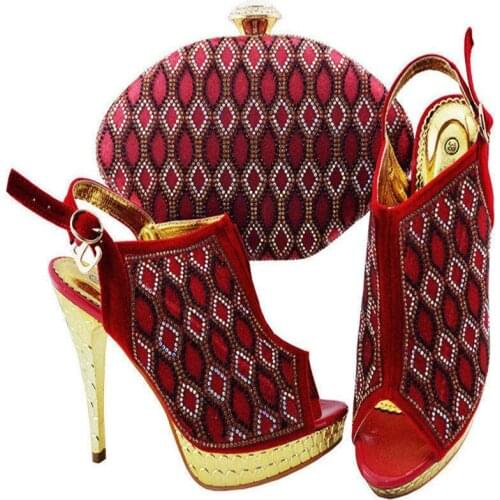 Red Color Decorated with Rhinestone Ladies Shoes And Bag Set Africa Summer High Heels Shoes And Purse Set For Wedding Dress