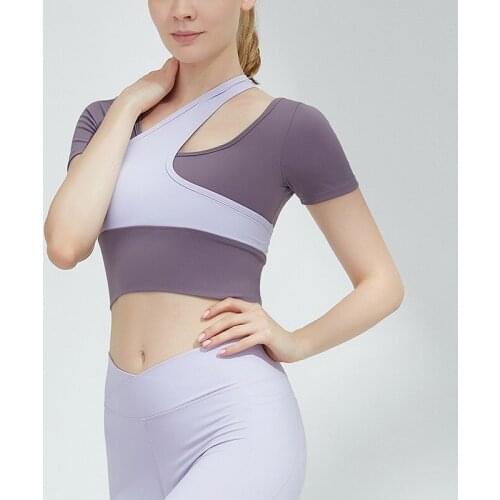 2021 Summer Womens Yoga Patchwork Color Short-Sleeve Sports T-Shirt With Chest Pad Gym Sexy Hollow Fitness Quick Dry Crop Top