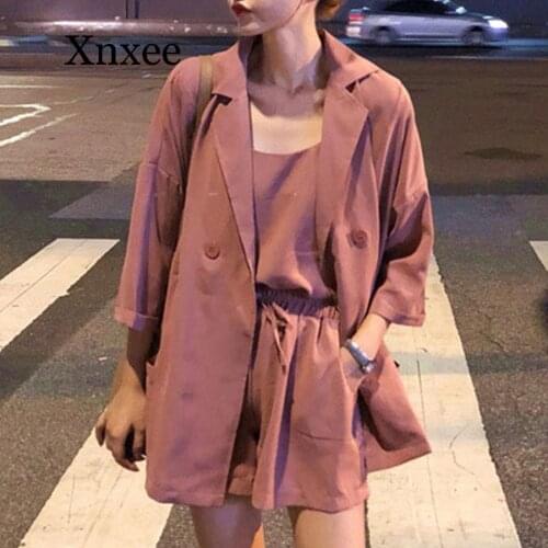 Fashion Three Pieces Suits Women Autumn Sexy Strap Tops And Elastic Waist Shorts Casual Wild Loose Blazer Plus Size Women Sets