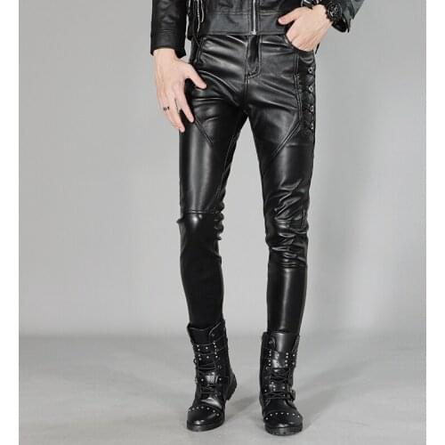 Motorcycle Faux Leather Pants For Men Autumn Fashion Skinny PU Leather Male Trousers Black Riding Hip Hop Casual Stretch Pants