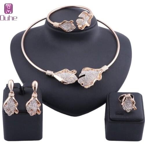 Nigerian Bridal Bead Jewelry Set Women Customer Dubai Gold Color Crystal Flower Necklace Earring Bangle Ring Jewelry Sets