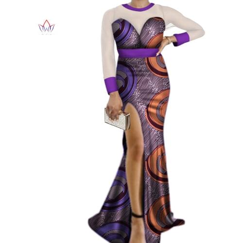 New Autumn African Dresses for Women Bazin Riche Sexy Side Slit Long Yarn Dress African Women Clothing Vestidos Party WY3309