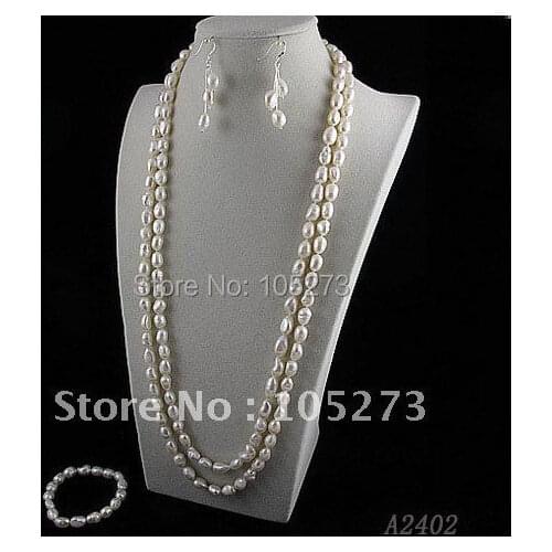 Stunning!jewelry set AA 7-8mm white color Genuine freshwater pearl necklace bracelet earring Hot sale free shipping A2402