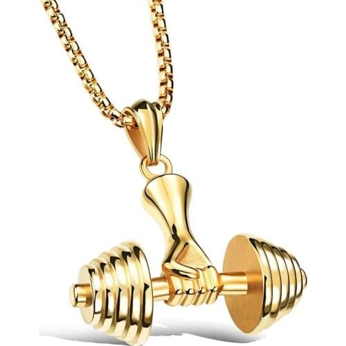 Titanium steel punk Hip hop Gold Color Fitness dumbbell barbell Pendant Necklace men Jewelry
