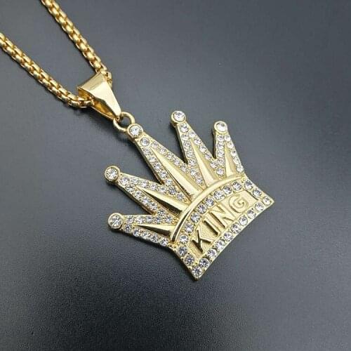 Hip Hop Rock Rhinestones Paved Bling Iced Out Stainless Steel King Crown Pendants Necklaces for Men Rapper Jewelry