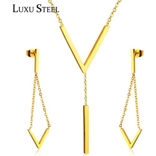 LUXUSTEEL Wedding Sets Stianless Steel Body Chain Necklace Stainless Steel Pendants Geometry Drop Link Chains Earrings Bijoux