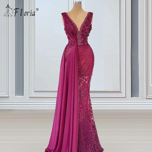 Luxurious Beaded African Dubai Deep V Neck Mermaid Evening Dresses Long Prom Gowns Party Pageant Dress 2021 Robe De Soiree