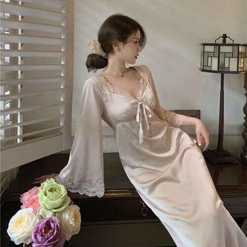 Sannian Temperament Long Dress Women Summer 2021 New Dress Satin V-neck Lace Edge Sexy Nightgown Women Clothes