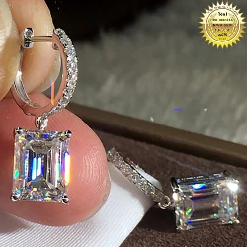 100% 18K Gold A750 gold A pair of Earrings 1Ct 2Ct 4Ct 6Ct Best color DVVS Moissanite Earrings Emerald Rectangle