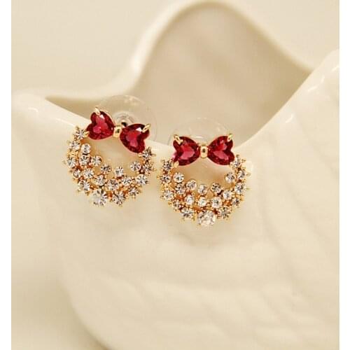 XIYANIKE Red Crystal Bowknot Stud Earrings Cute Simple Rhinestone Earrings 2021 New Female Fashion Jewelry Ear Accessories