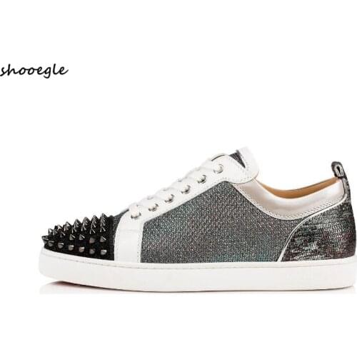 SHOOEGLE Fashion Male Strass Sneakers Glitter Low Top Sneakers Rubber Sole Flats Lace Up Spiked Sneakers Casual Shoes Man