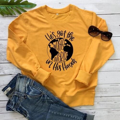 Hes Got The Whole World In His Hands Sweatshirt Religious Women Christian Church Sweatshirts Casual Unisex Bible Verse Pullover