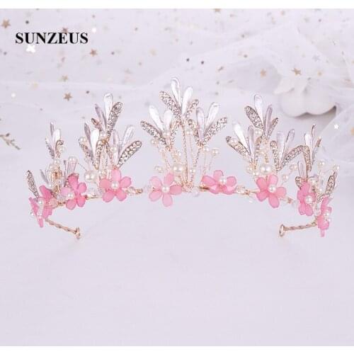 Pink Flowers Girls Crowns Crystals Beaded Leaves Children Tiaras Wedding Flower Girl Head Accessories Kids Headband SQ420