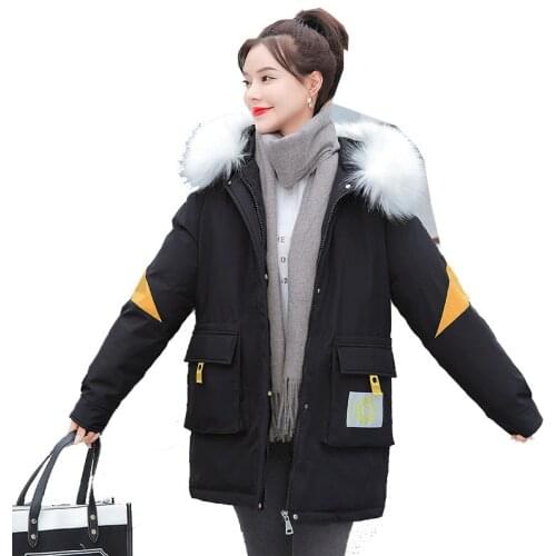 Windproof Warm Mid-length Down Cotton Coat Women New Korean Loose Hooded Big Fur Collar Outwear Winter Fashion Coats JD1625