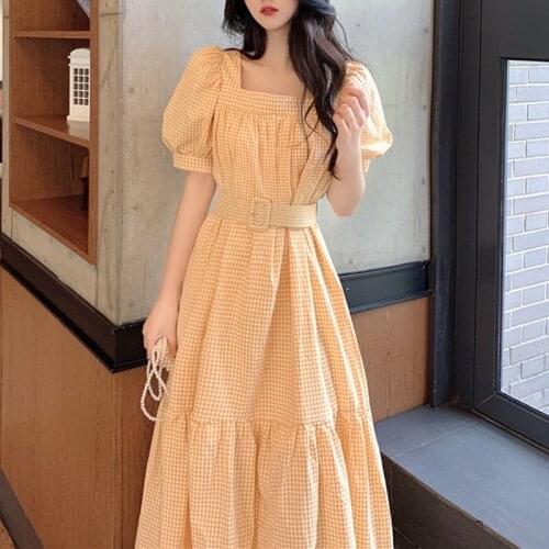 Vintage Dresses Hot Sales Woman Summer elegant Korea court Style square Collar Cotton plaid long Dress Retro 2020 vestidos kleid
