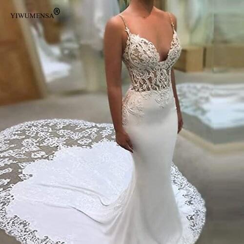 YIWUMENSA Spaghetti Straps Lace Matte Satin Mermaid Wedding Dress Boho Vintage Elegant V Neck Bridal Gown Robe De Mariee WD430