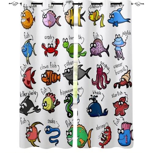 Fish Cartoon Crab Jellyfish Crab Turtle Whale Comic Curtain for Living Room Bedroom Window Treatment Blinds Drapes Kids Curtains