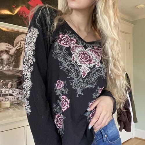 Womens T-Shirt Retro Fairy Grunge Rose Love Print Graphic T Shirts Black V Neck Long Sleeve Tops Women 2021 Vintage Clothes