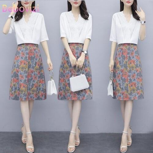 5XL Fashion Korean 2021 New Summer Dress Sets for Women Office Lady Casual Clothes White Chiffon Blouse + Floral Skirt Suits