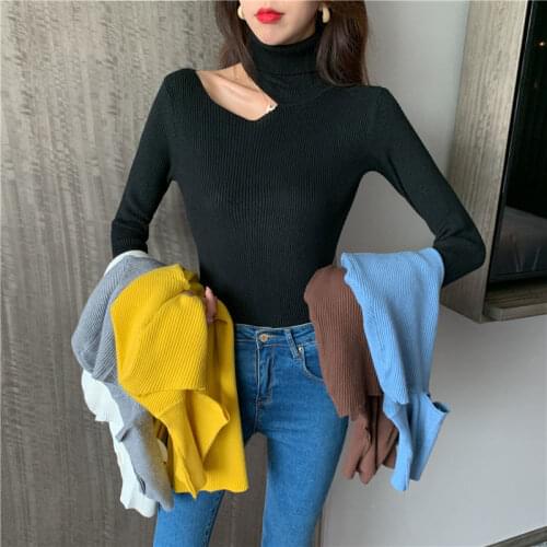 Woman Sweaters Pullover Turtleneck Knitting Long Sleeves Inner Wear FallWinter Slim Cutout Off-Shoulder Halter Femme Chandails