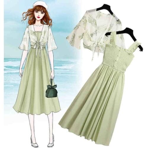 Women Summer Dress Set New Lady Chiffon Dresses Sun Protection Top+Dress 2PCS Plus Size Vestidos Weight Selection Size 4XLC