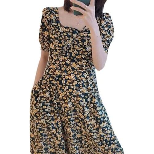 Newly Womens Floral Print Puff Short Sleeve Midi Dress Square Neck Mid-length Loose Dress Summer Beach Supply