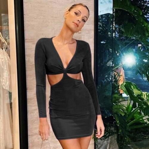 AIIOU 2021 New Long Sleeve V Neck Knitted Bodycon Mini Dress Women Empire Hollow Out Hip Fitness Package Streetwear Vestidos