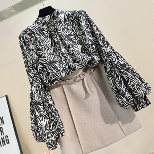2021 Spring Zebra Chiffon Women Blouse O-Neck Lantern Sleeved Loose Elegant Office Lady Pulls Outwear Tops