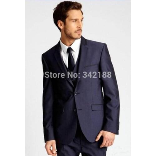 FREE SHIP/Latest New Style Custom Made Two Buttons Navy Blue Groom Tuxedos Notch Lapel Best Man Groomsman Men Wedding Suitsweddi