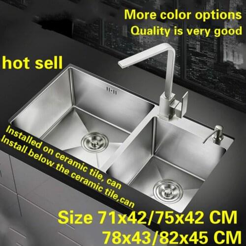 Free shipping Luxurious kitchen manual sink double groove durable 304 stainless steel 3 mm hot sell 71x42/75x42/78x43/82x45 CM