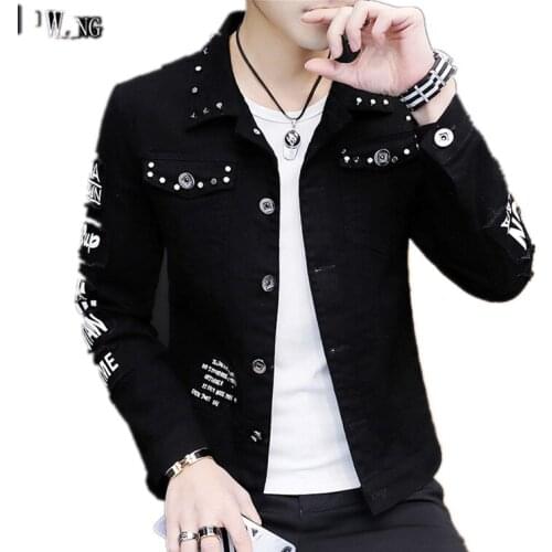 Spring autumn 2020 personality denim jacket male Korean style ripped denim clothing street social guy rivet jacket gown coat