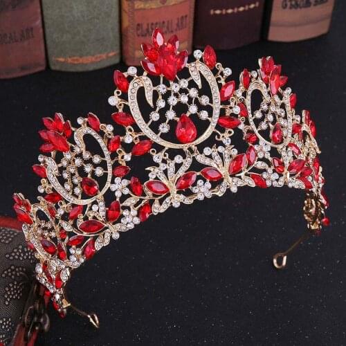 FORSEVEN Baroque Fashion Red/Blue/Gold Color Rhinestone Crystal Tiara and Crown Jewelry for Bride Wedding Party Headwear