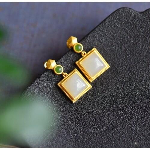 Natural Hetian Jade White Jade Square Stud Earrings Inlaid S925 Sterling Silver Jasper Retro Fashion Ear Stud Earring Ear Rings