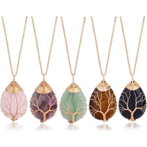 Water Drop Tree of Life Pendants Necklace Gold Color Wire Wrap Chakra Black Onyx Opal Stone Pendant Women Men Reiki Jewelry