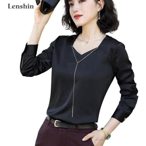 Lenshin V-neck Shirts for Women High-quality Blouse with Chain Work Wear Office Lady Female Tops Chemise Loose style