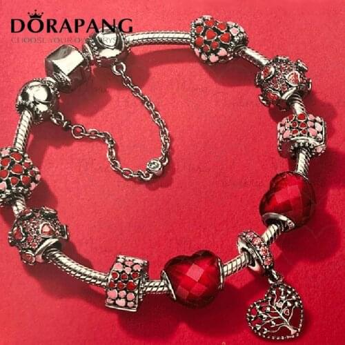 NEW 2018 Valentines Day Newest 100% 925 Sterling Silver Bracelet Red Heart shaped Charm Bead for Women of Fashion Jewelry