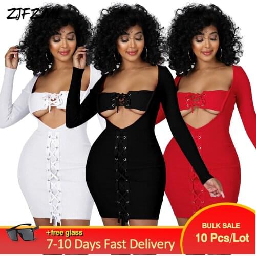 Bulk Items Wholesale Lots Womens Rib Knit Mini Dresses Elegant Pure Lace Up Drawstring Hollow Out Long Sleeve Elastic Vestidos