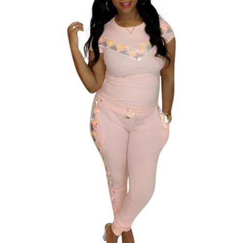 Pink Sequined Tracksuits Women Two Piece Set 2019 Summer Autumn T-Shirt Top And Pants Set Suits Casual Bodcon 2 Piece Set