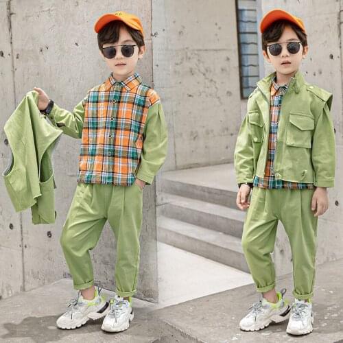 Spring And Autumn Boys Fashion Casual Three-piece Set Plaid Splicing Long Sleeve Shirt Big Pocket Vest Elastic Waist Trousers