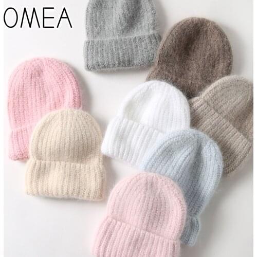 OMEA Angora Rabbit Fur Winter Hat Women Wool Hat Men Gift Fashion Knitting Cotton Hat Men Gift Beanie Cashmere Cap Solid Color