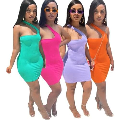 Sexy One Shoulder Mini Dress Women Cut out Bodycon Dresses Sleeveless Summer Boho Sundresses Solid Party Clubwear 2021 Clothings