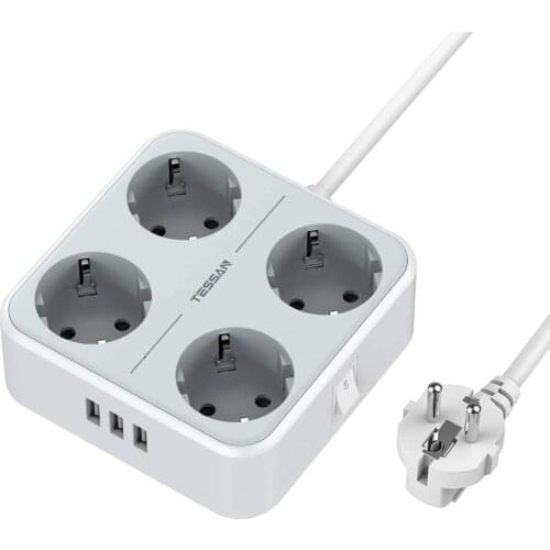 TESSAN Mountable EU Power Strip with 4 Outlets 3 USB Ports and 1.5M Extension Cord Desktop Multi Outlets EU Plug Socket 5ft Wire