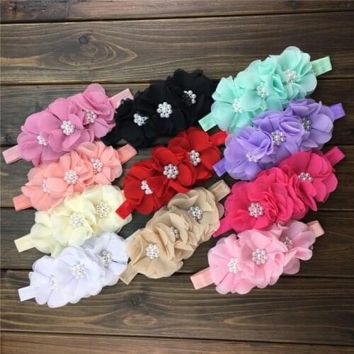 Trail Order 8pcs/lot girl 3‘’ Chiffon Flowers Headband Pearl Rhinestone Center Party hair accessories 11 colors Free shipping