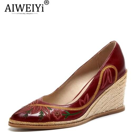 AIWEIYi Wedges Shoes Women Shallow Mouth Leather High-Heeled Shoes S Comfortable All Match Four Seasons Shoes