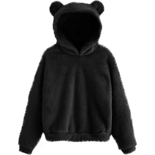 Spring Autumn Sweater Tops For Women Black Jumper Womens Long Sleeve Fleece Sweatshirt Warm Bear Shape Fuzzy Hoodie Pullover