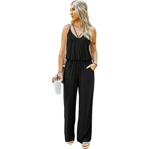 Green/Blue/Black Spaghetti Strap Wide Leg Jumpsuit Women Sexy V Neck Sleeveless Spaghetti Straps and Side Pockets Jumpsuits