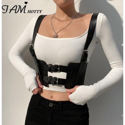 Punk Fashion Street Style Leather Bustier Corset Crop Top Women Buckle Black Gothic Wrap Cami Femme Clubwear Summer 2021Iamhotty
