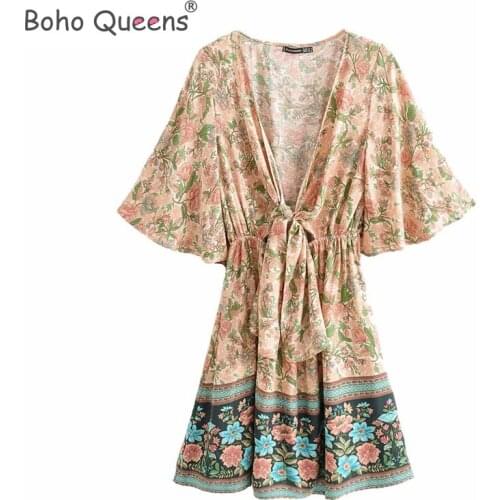 Boho Queens women floral print deep V-neck sashes Bohemian mini dress ladies batwing sleeve tassel Boho happie dresses vestidos