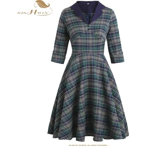 Sishion Women Green Plaid Dresses Vintage Button Turn-down Collar Three Quarter Sleeve Elegant Retro Swing Dress SP1317